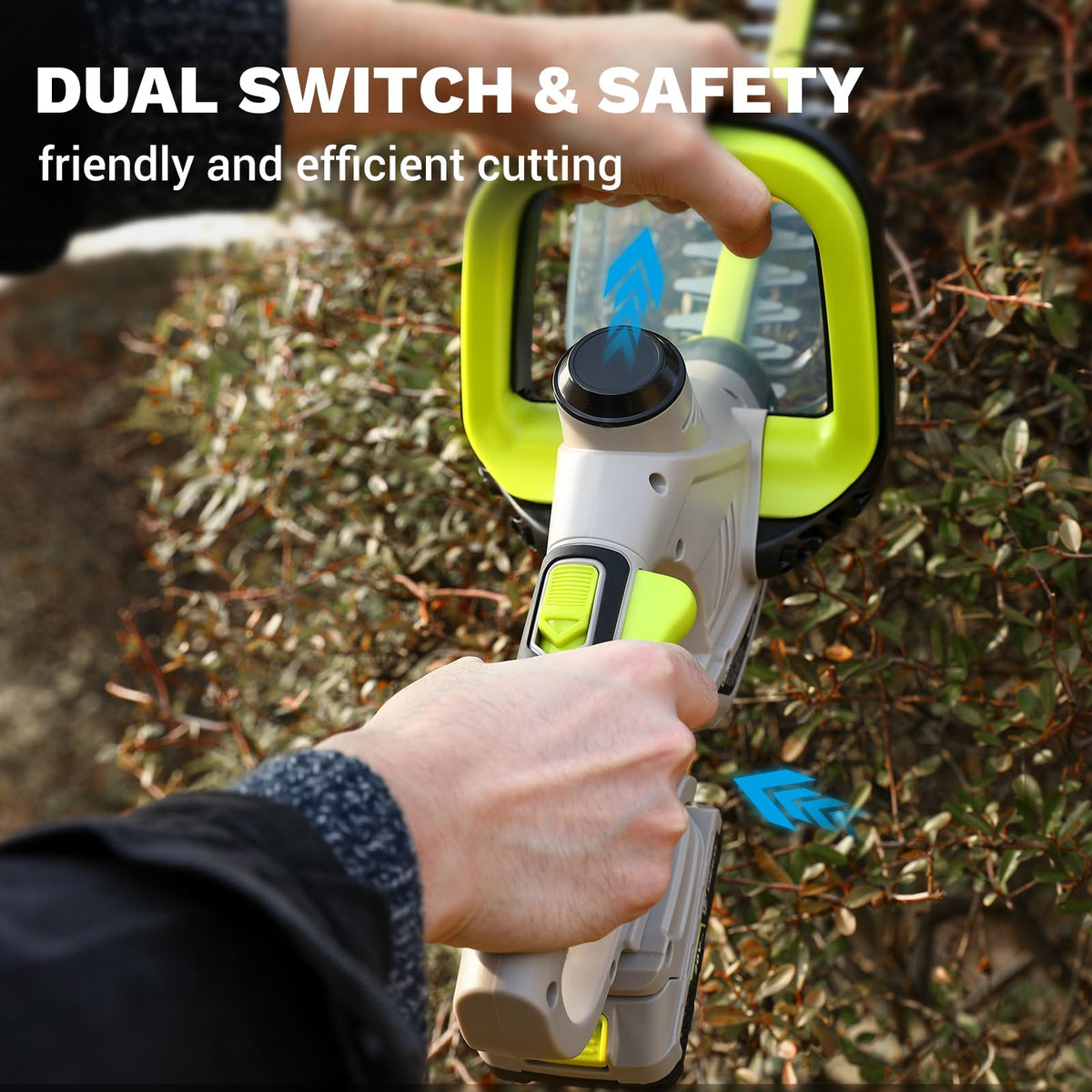DEKOPRO hedge trimmer includes battery-and-charger for immediate use.
