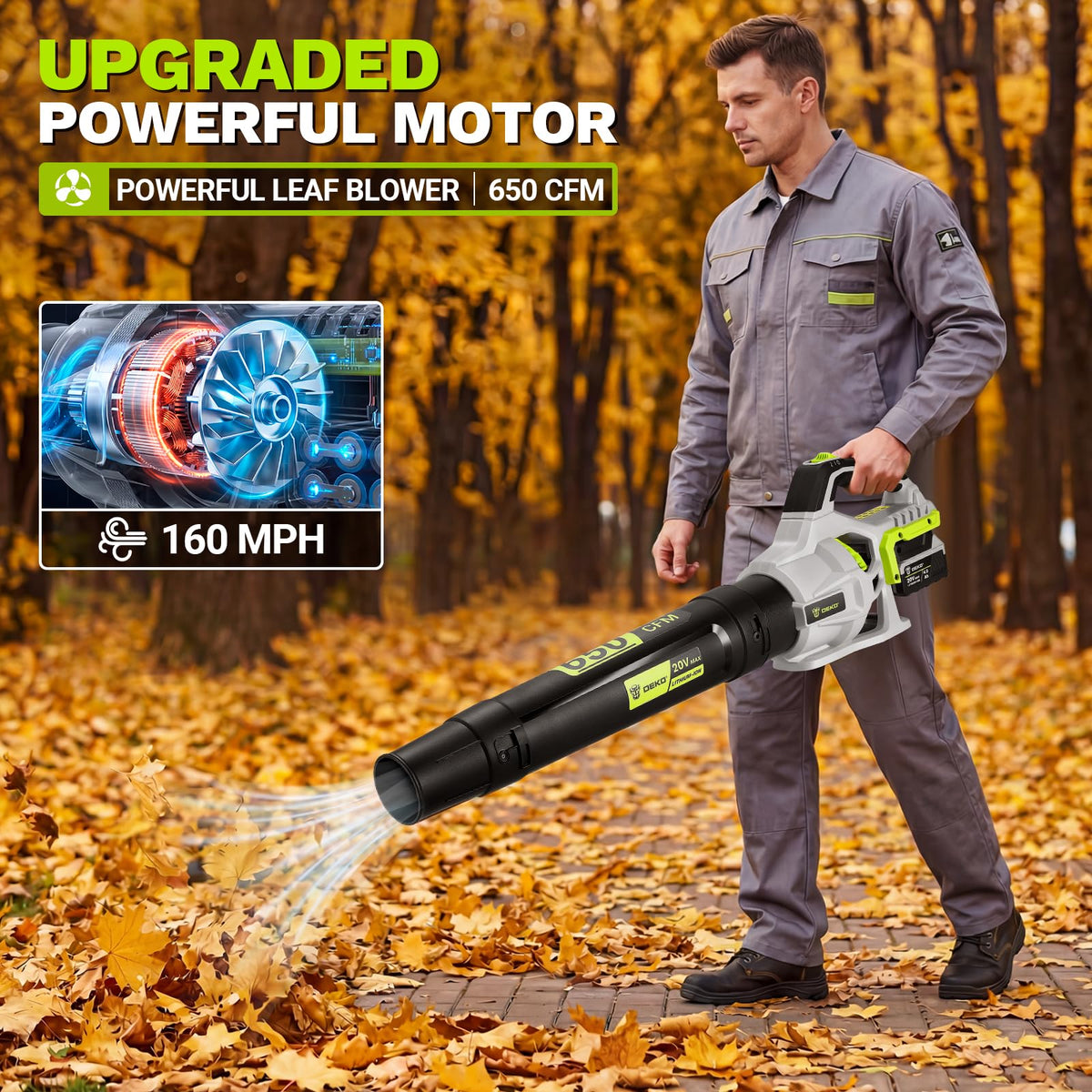 DEKOPRO leaf blower dual-speed control for light dust or heavy piles