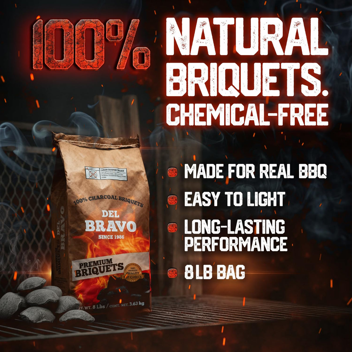 Del Bravo briquettes easy-light offer quick startup without lighter fluid.