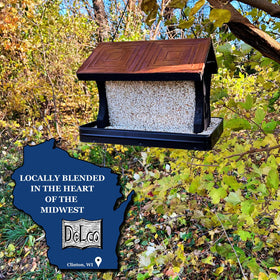 DeLco backyard birdseed in a feeder promoting active birdwatching
