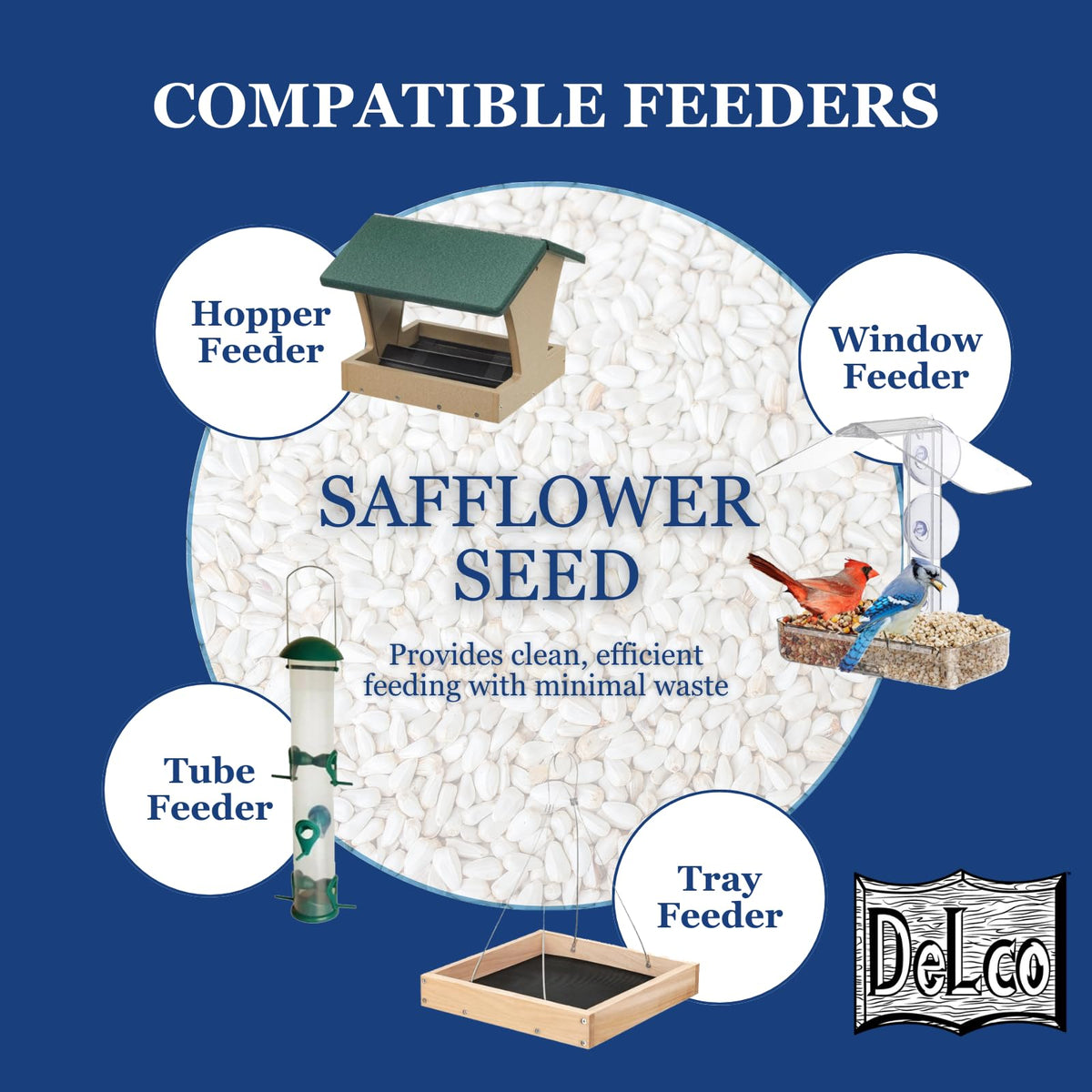 DeLco safflower seed suitable for hopper, tube, or platform feeders