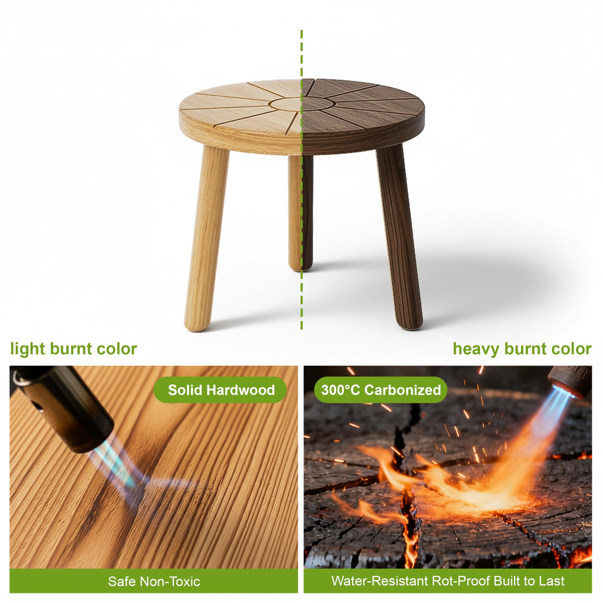 Delma wood plant stand finish closeup highlights natural carbonized wood texture.