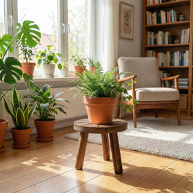 Delma wood plant stand indoor display demonstrates versatile placement in living spaces.