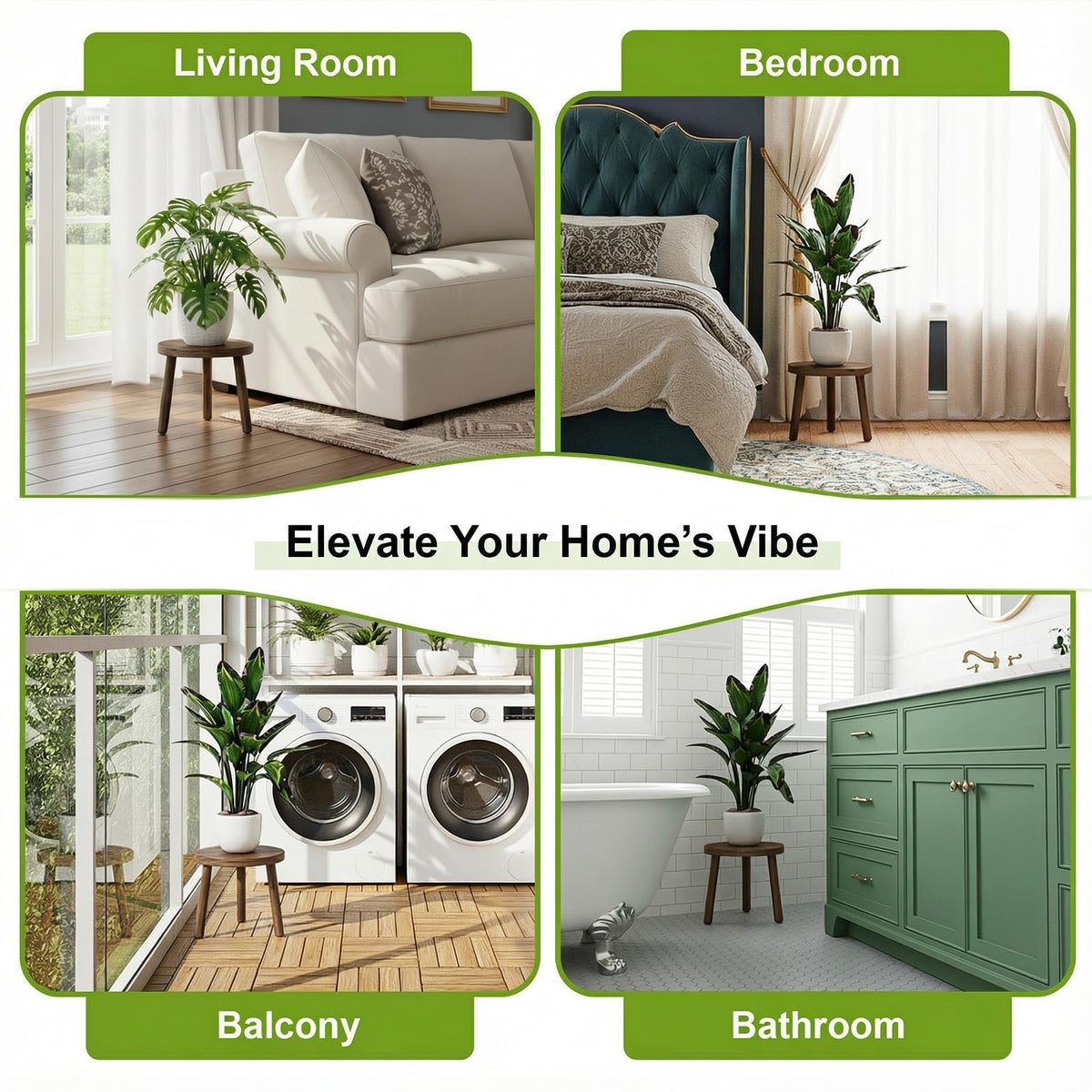 Delma wood plant stand L side view supports larger greenery with stable base.