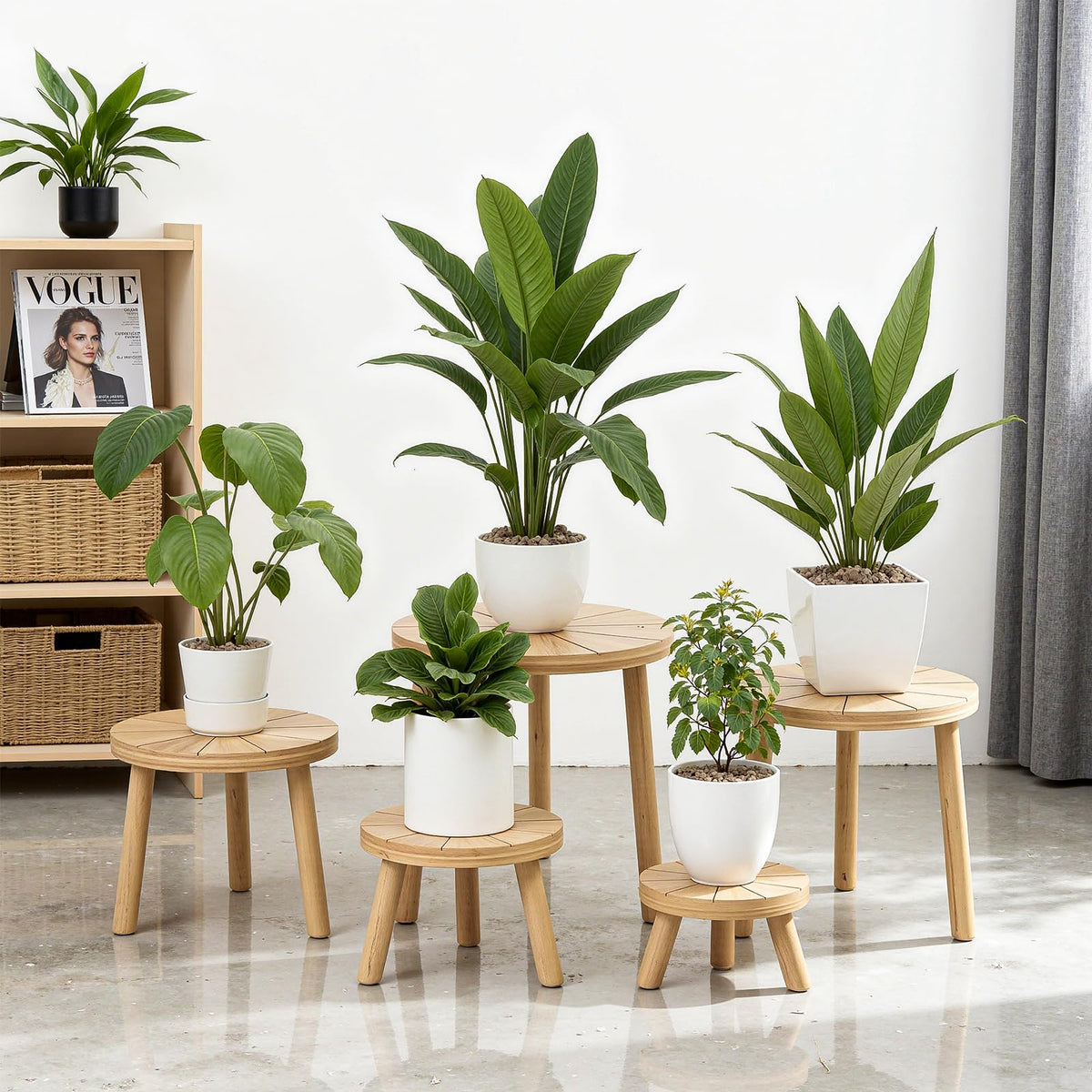 Delma wood plant stands on balcony edge enhancing greenery and texture