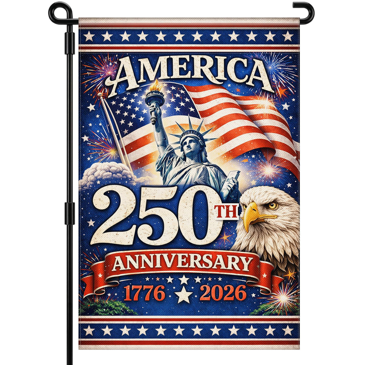 Deloky 250th anniversary flag front view with patriotic symbols for outdoor display.