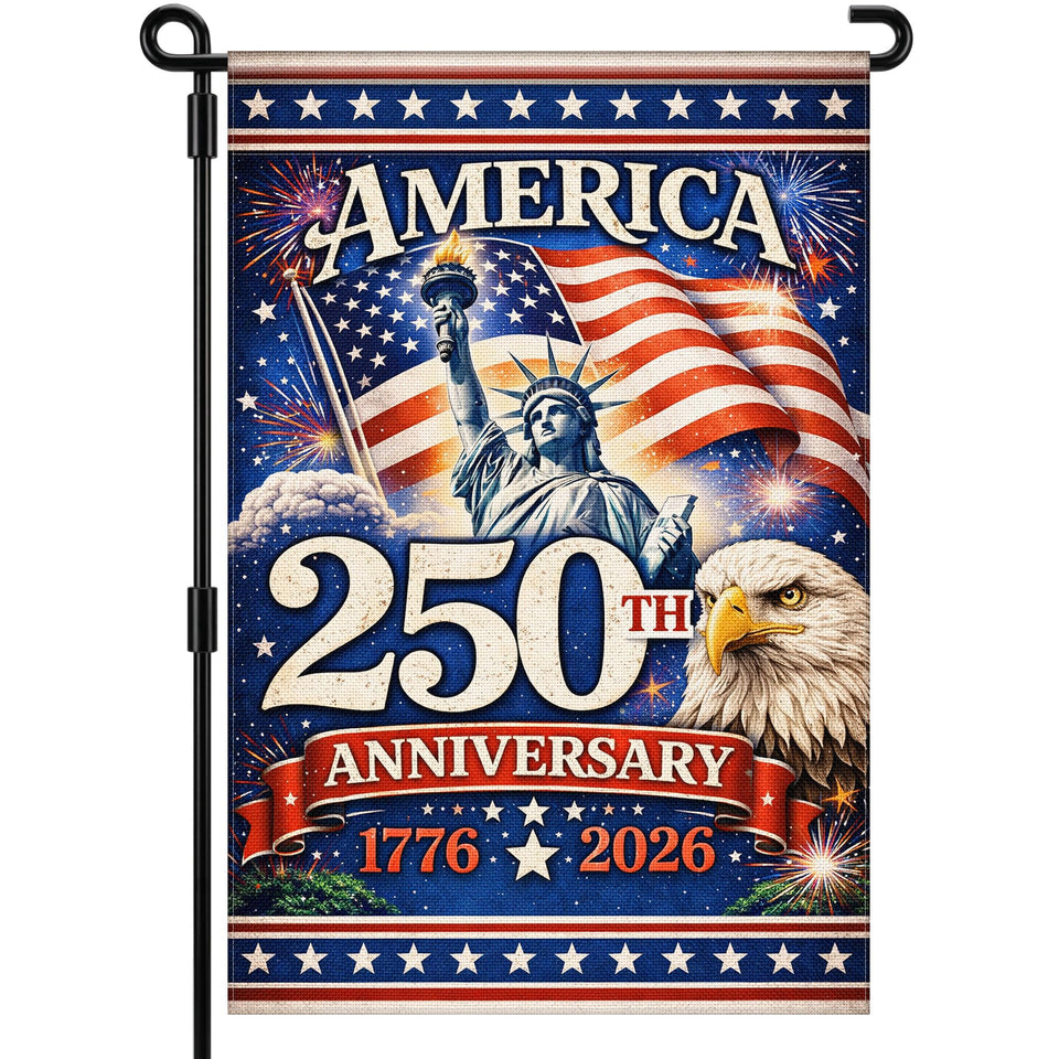 Deloky 250th anniversary flag front view with patriotic symbols for outdoor display.