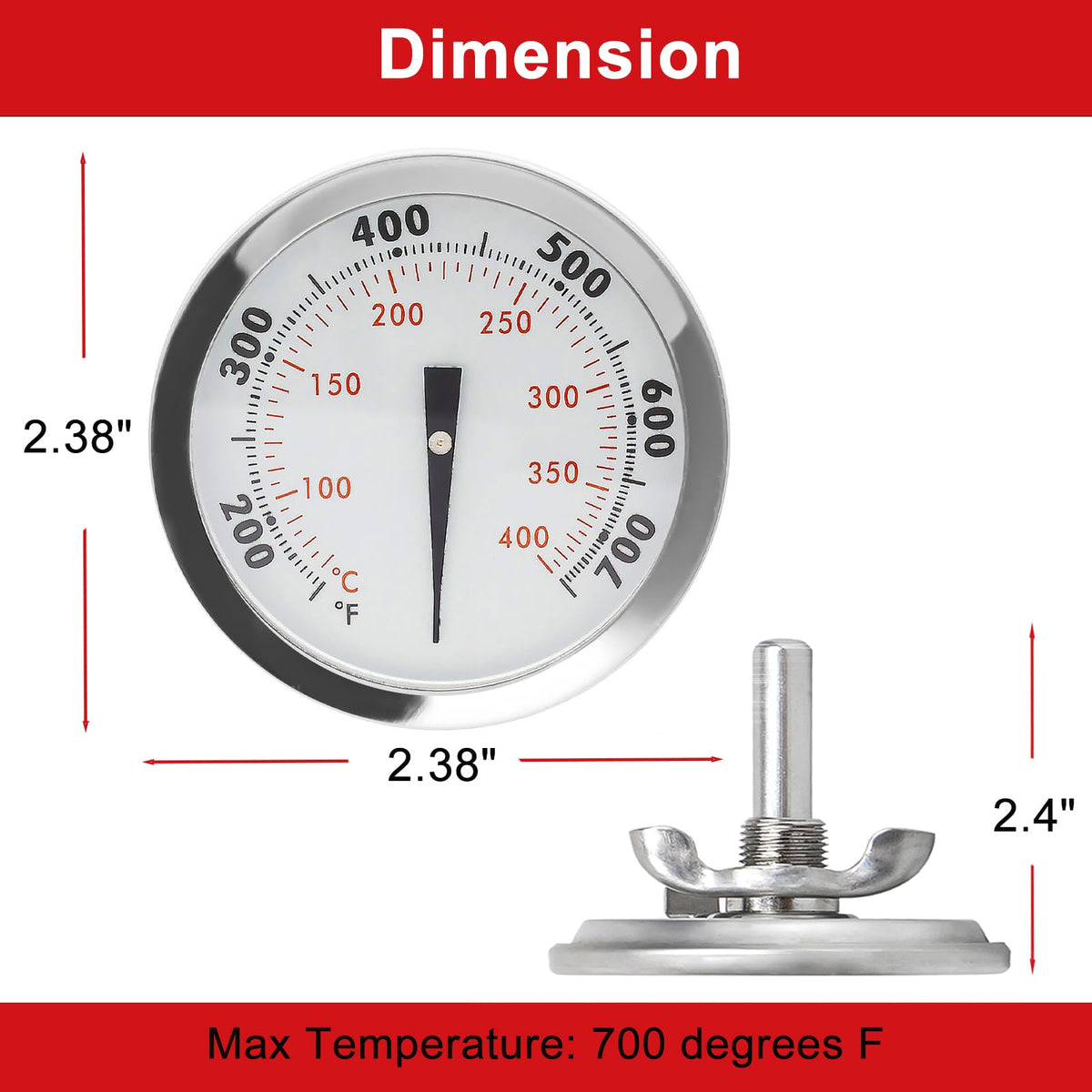DELSbbq grill thermometer dial close-up illustrates clear 200-700 °F scale for precise cooking.