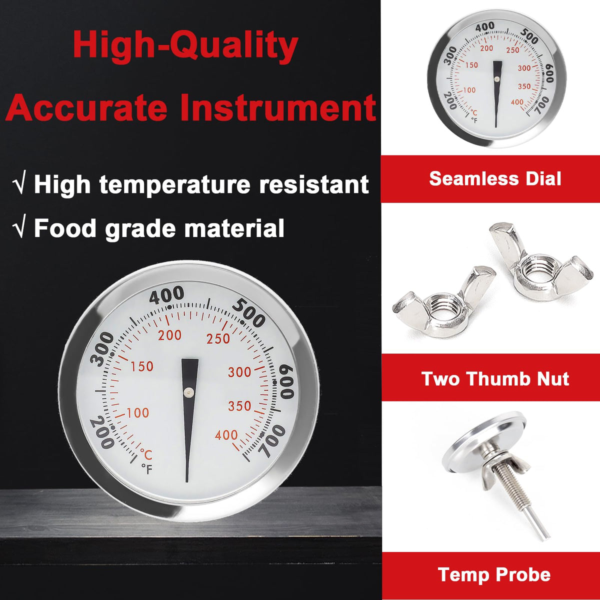 DELSbbq grill thermometer probe close-up highlights 1-1/2 inch probe for reliable sensing.