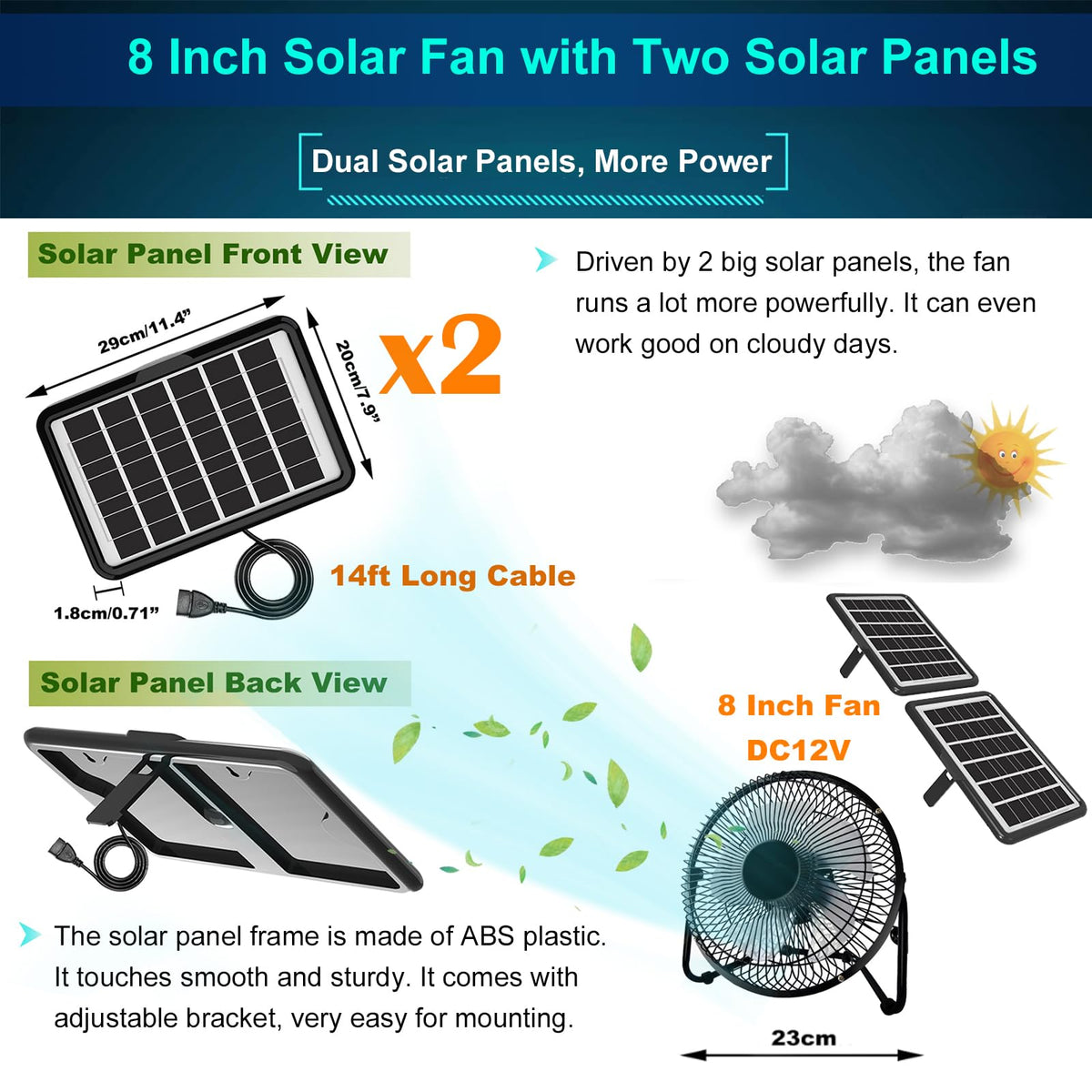 Delume dual 25W solar panels powering the fan for efficient daytime cooling.