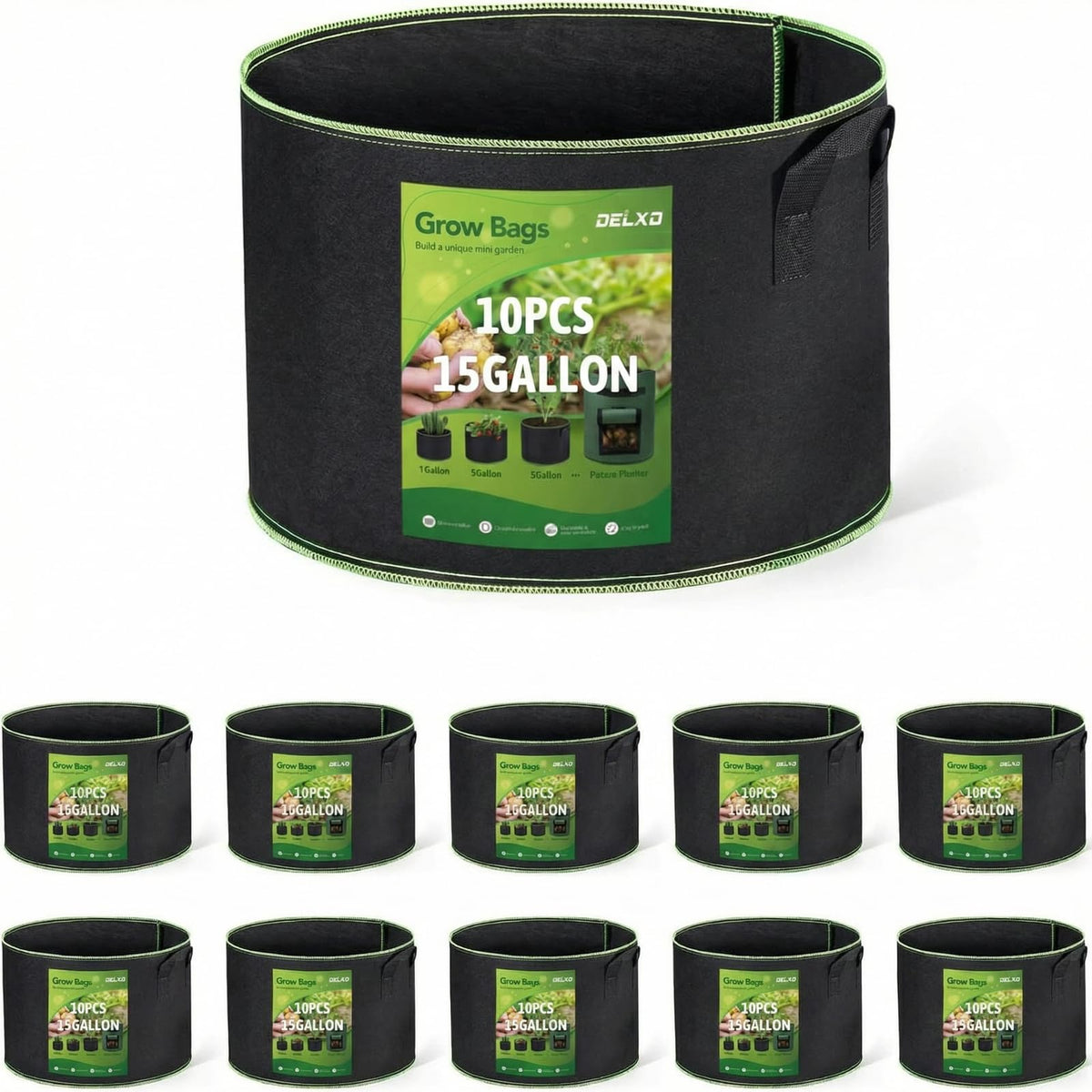 Delxo 10-pack 15-gallon aeration fabric pot promotes breathable roots for healthy transplanting.