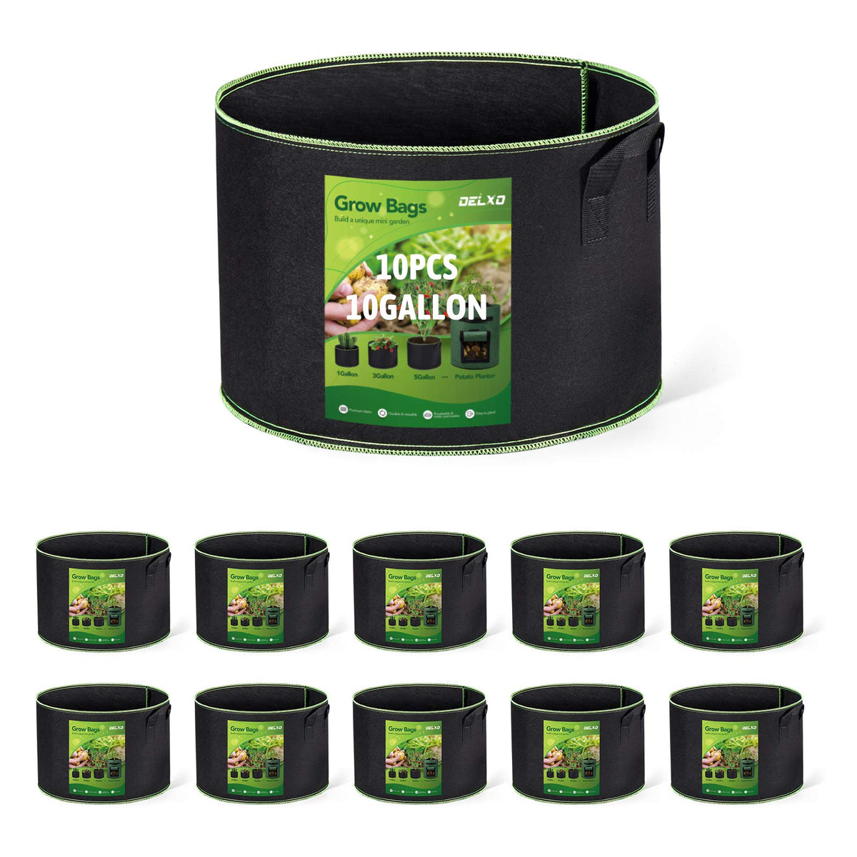 Delxo 10-gallon fabric grow bag pack for versatile planting.