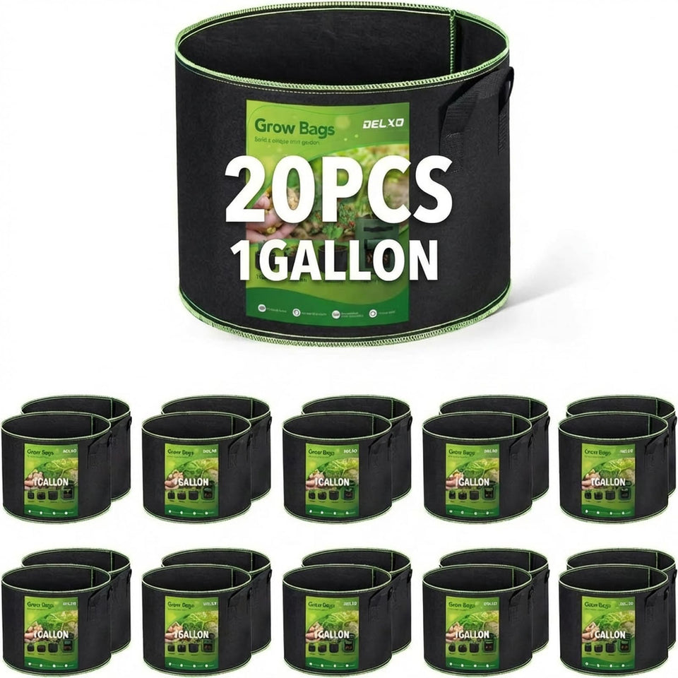 Delxo 20-pack 1-gallon grow bags for compact, reusable gardening.