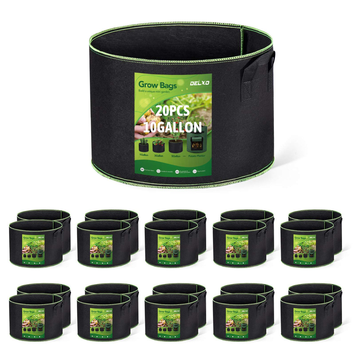 Delxo 20-pack 10-gallon grow bags with handles, side view for easy transport