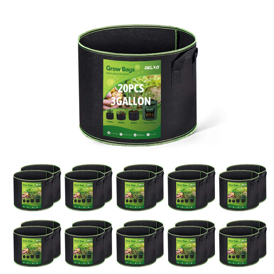 Delxo 20-pack 3-gallon grow bags close-up showing durable, reusable fabric.
