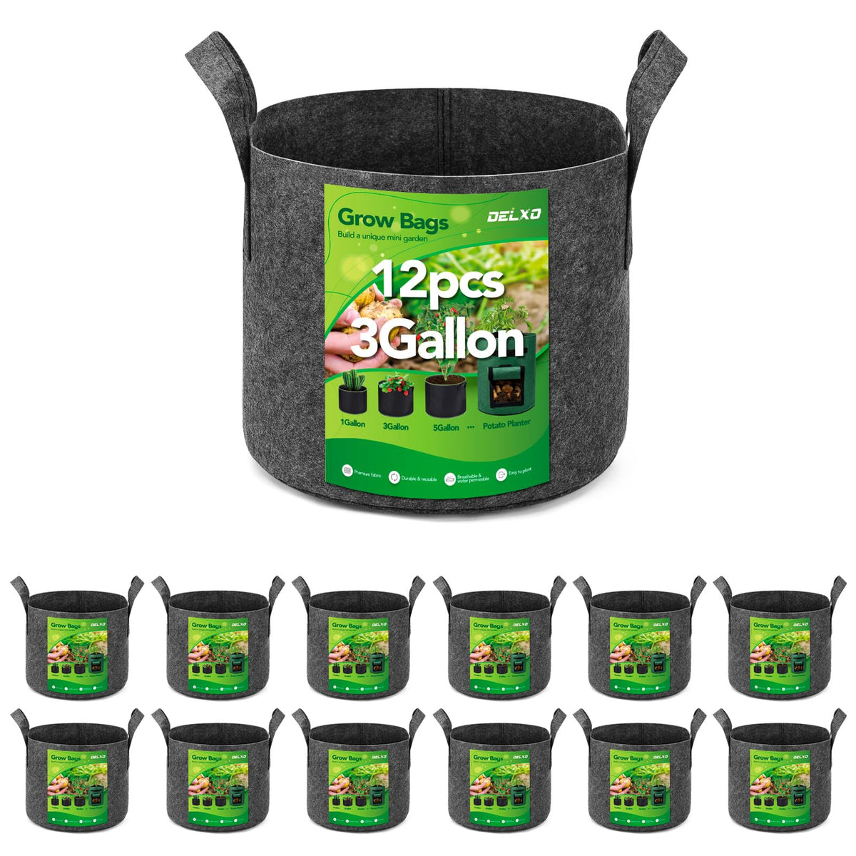 Delxo 3-Gallon Grow Bag shows sturdy fabric for container gardening.