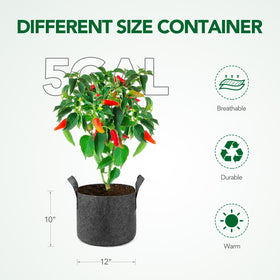 Delxo 5-gallon grow bags stacked neatly, saving space for urban gardening.