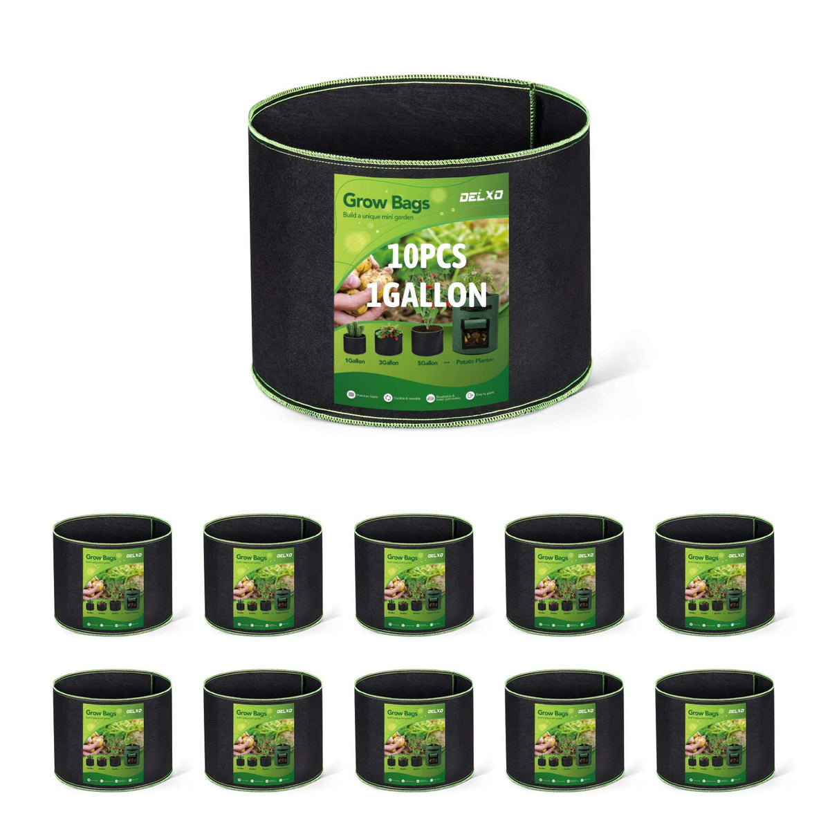 Delxo 1-gallon grow bags in a pack, ideal for small-space vegetable planting.