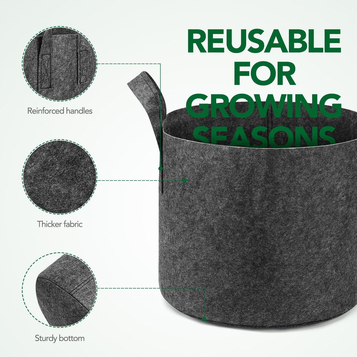 Delxo grow bags on a green bed show outdoor plant versatility.