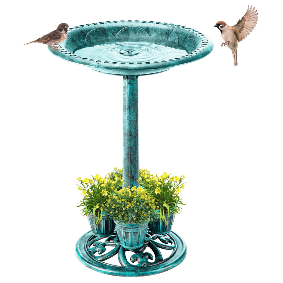 Demeyad Bird Bath outdoor 4-planters enhances garden with birds and color.