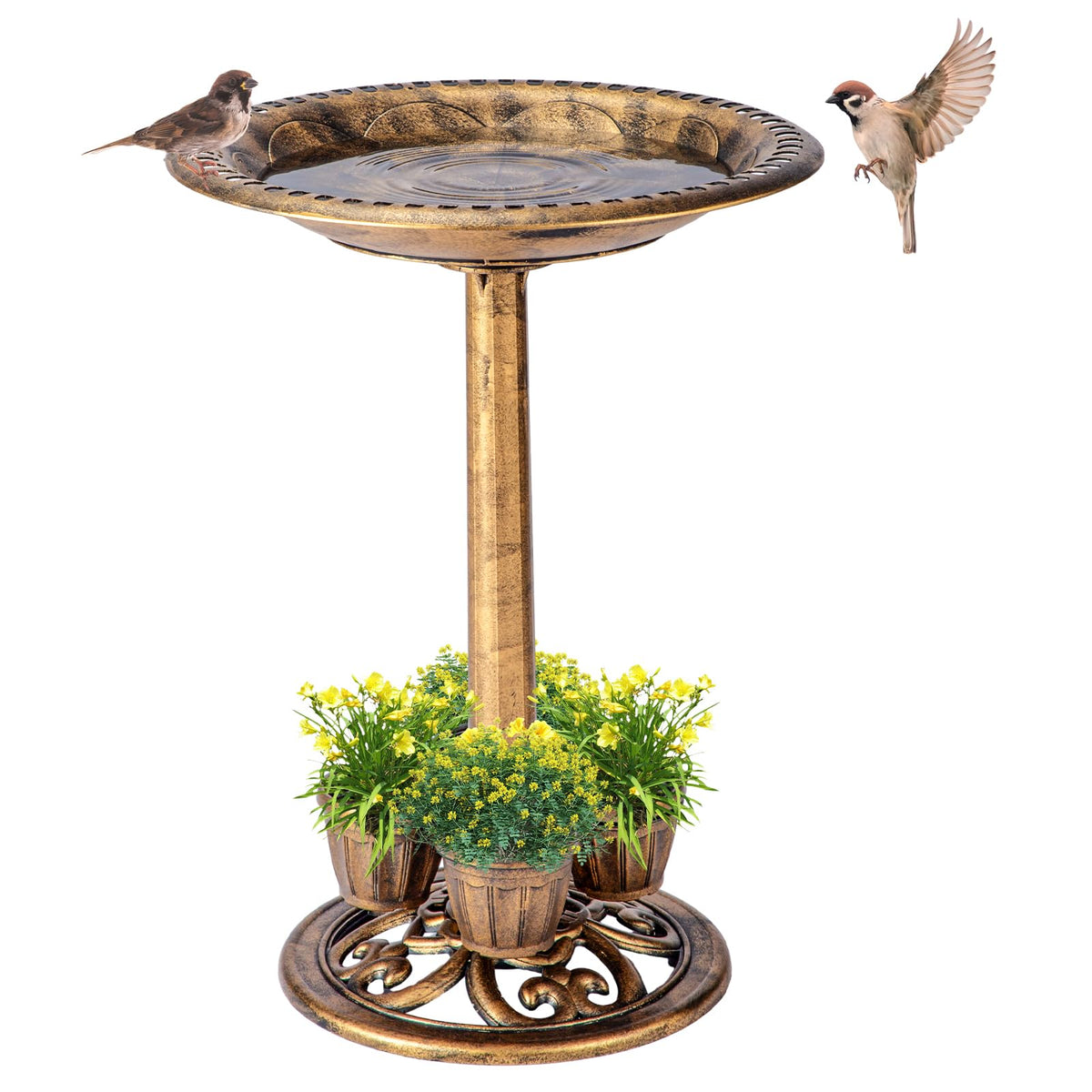 Demeyad bird bath with four planters enhances garden color and habitat
