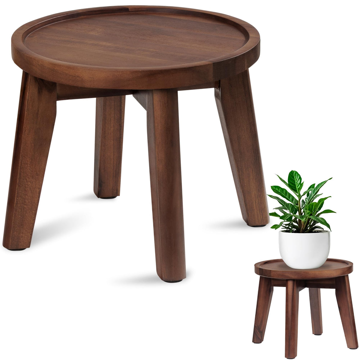 Demigo plant stand in acacia wood elevates heavy pots safely