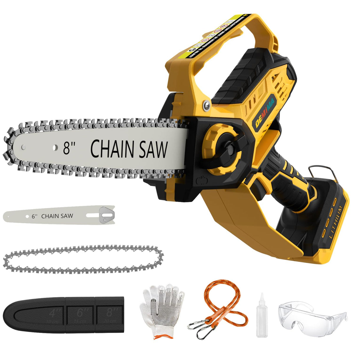 DEMIMA mini chainsaw with an 8-inch bar ready for precise pruning tasks.