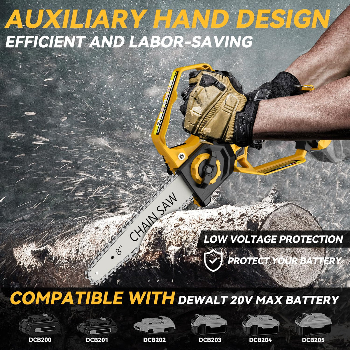 DEMIMA mini chainsaw shows a brushless 800W motor for efficient cuts.
