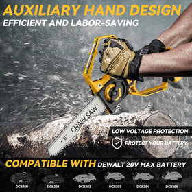 DEMIMA mini chainsaw shows a brushless 800W motor for efficient cuts.