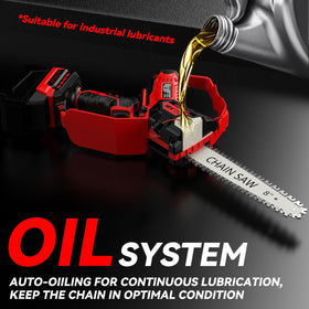 DEMIMA mini chainsaw showing Milwaukee 18V battery compatibility