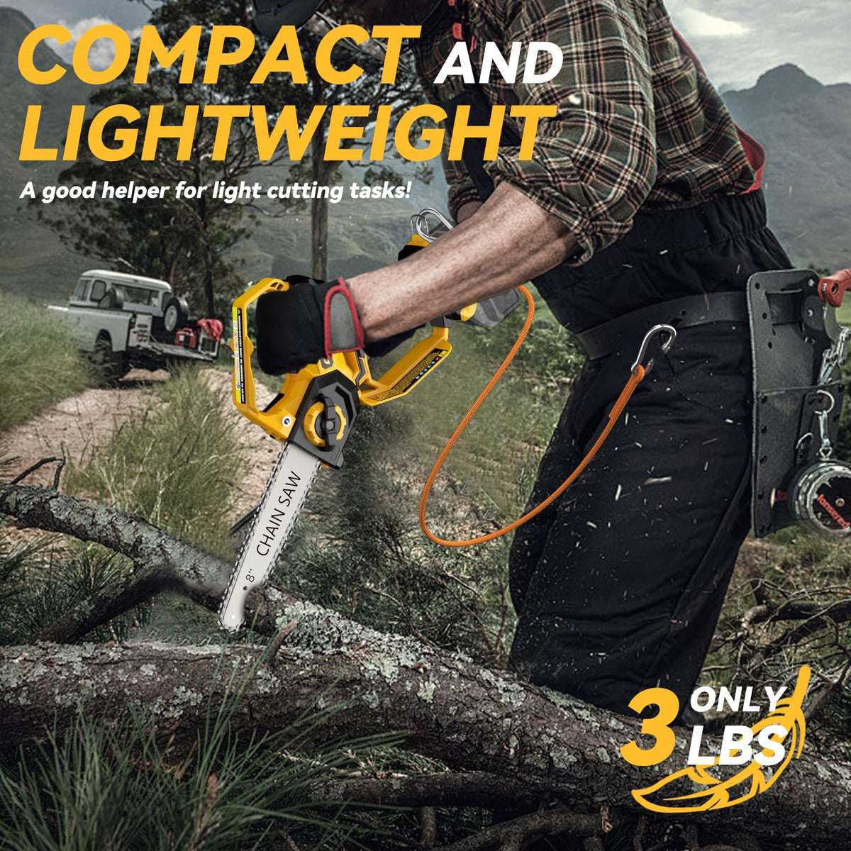 DEMIMA mini chainsaw waist cord enables hands-free aerial trimming.