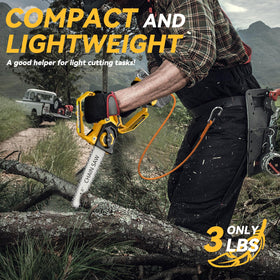 DEMIMA mini chainsaw waist cord enables hands-free aerial trimming.