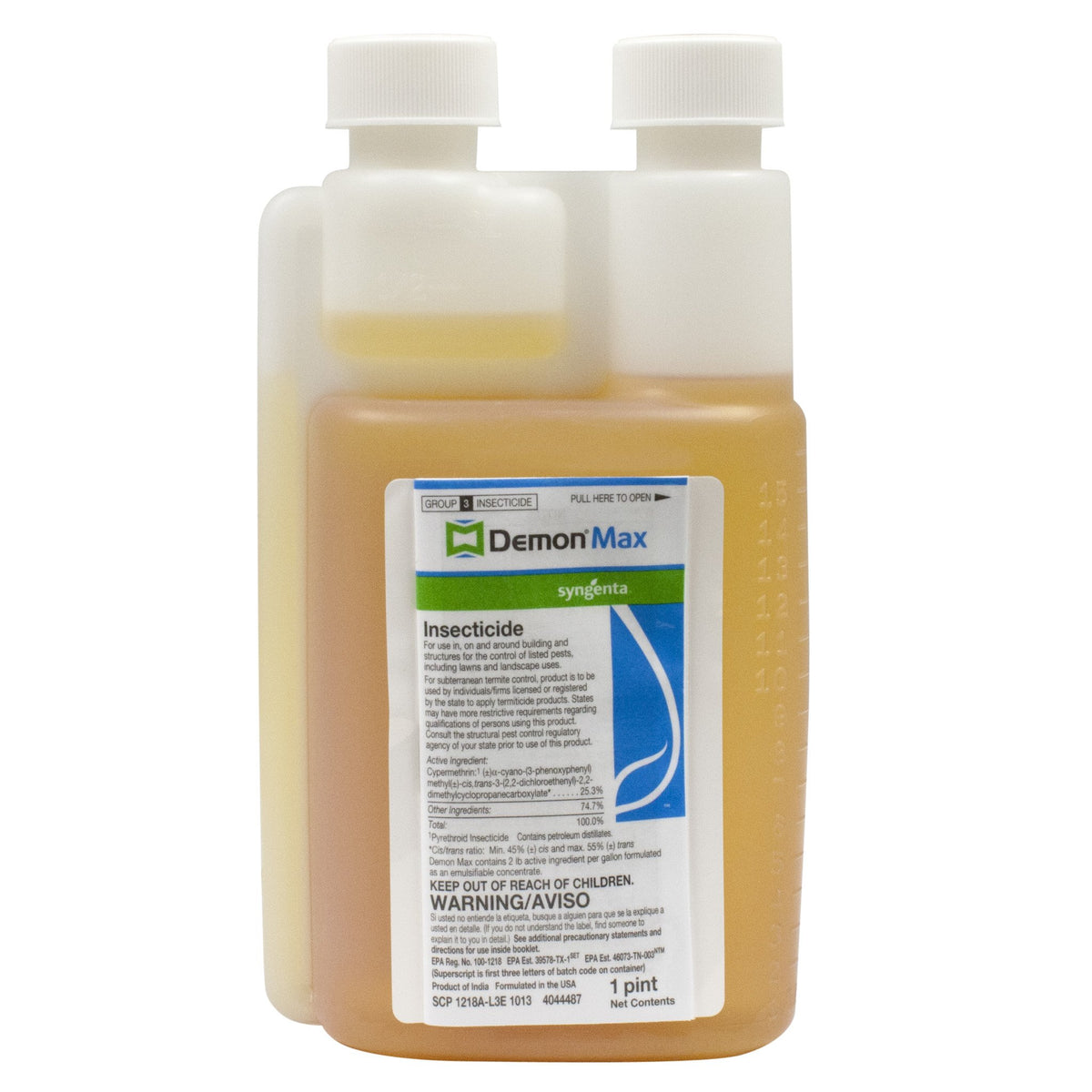 Demon Max insecticide bottle with yellowish liquid for broad pest control around buildings