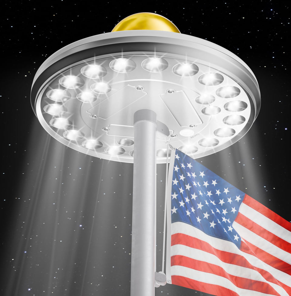 Deneve Deluxe solar flag light, side view, enhances nighttime flag visibility outdoors.