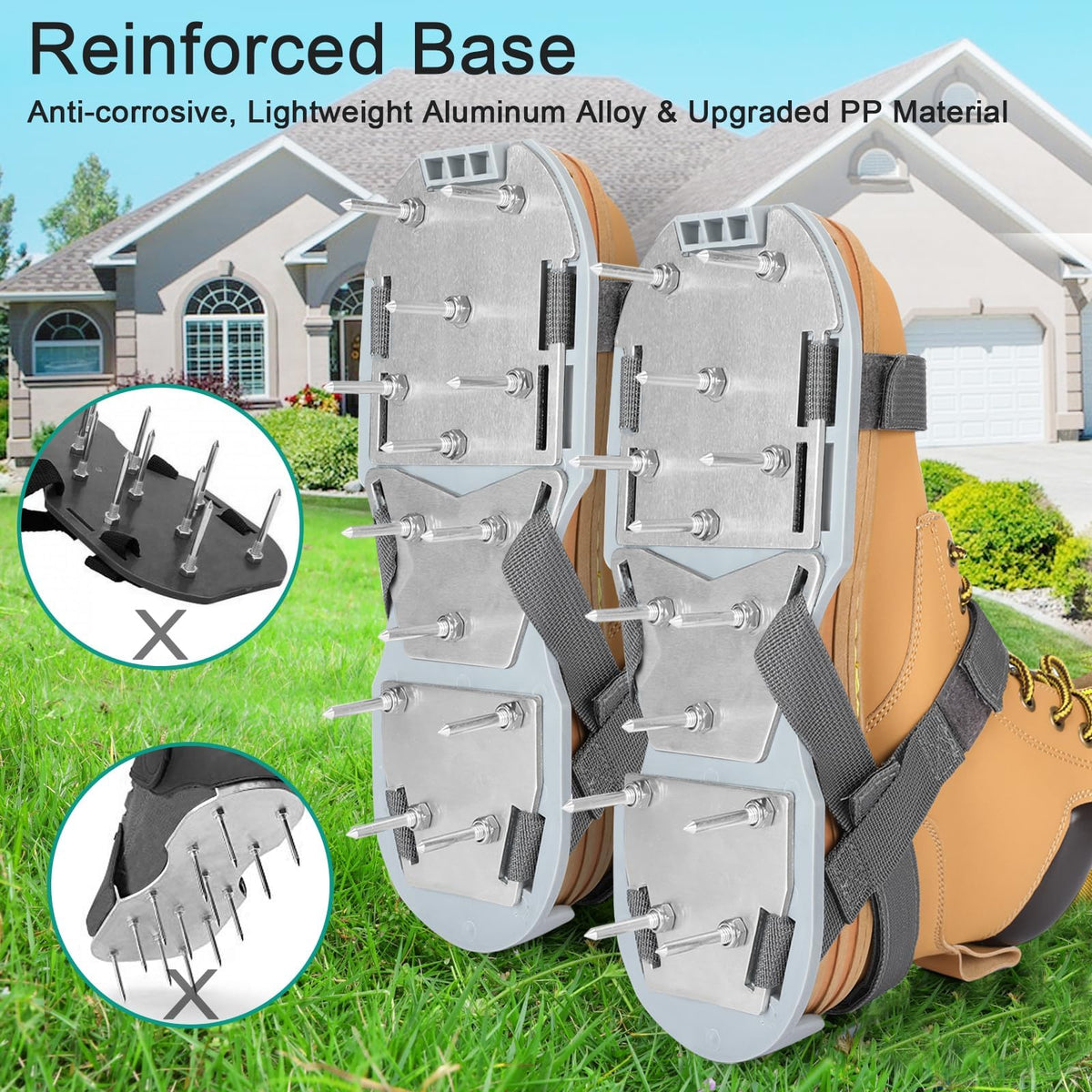 DenForste lawn aerator shoes with adjustable Velcro straps secure a snug fit