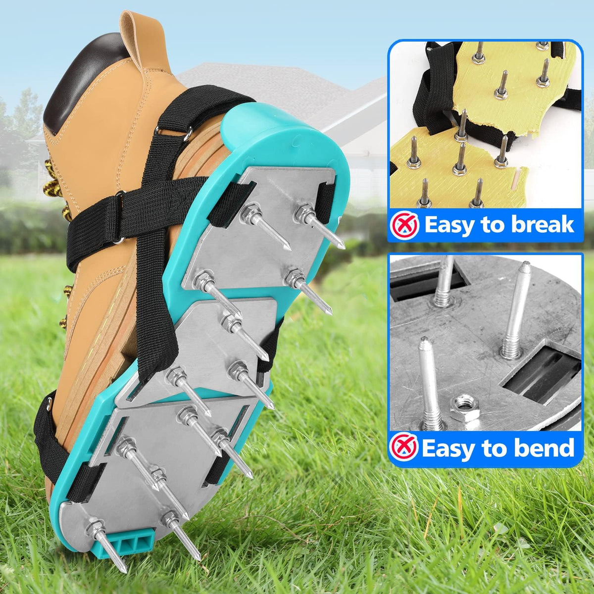 DenForste aerator shoes show heavy-duty spikes for soil channels