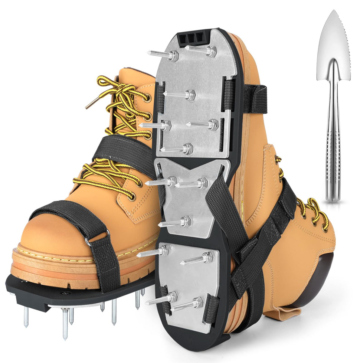 DenForste lawn aerator shoes side view highlighting spikes for lawn aeration.