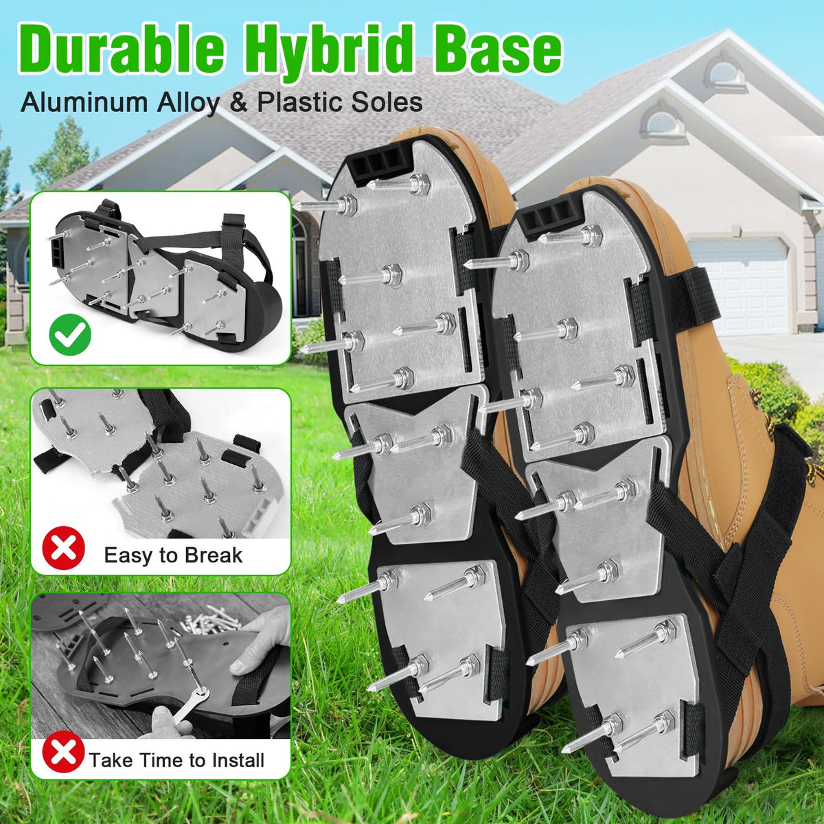DenForste lawn aerator shoes sole and spikes show a durable base.