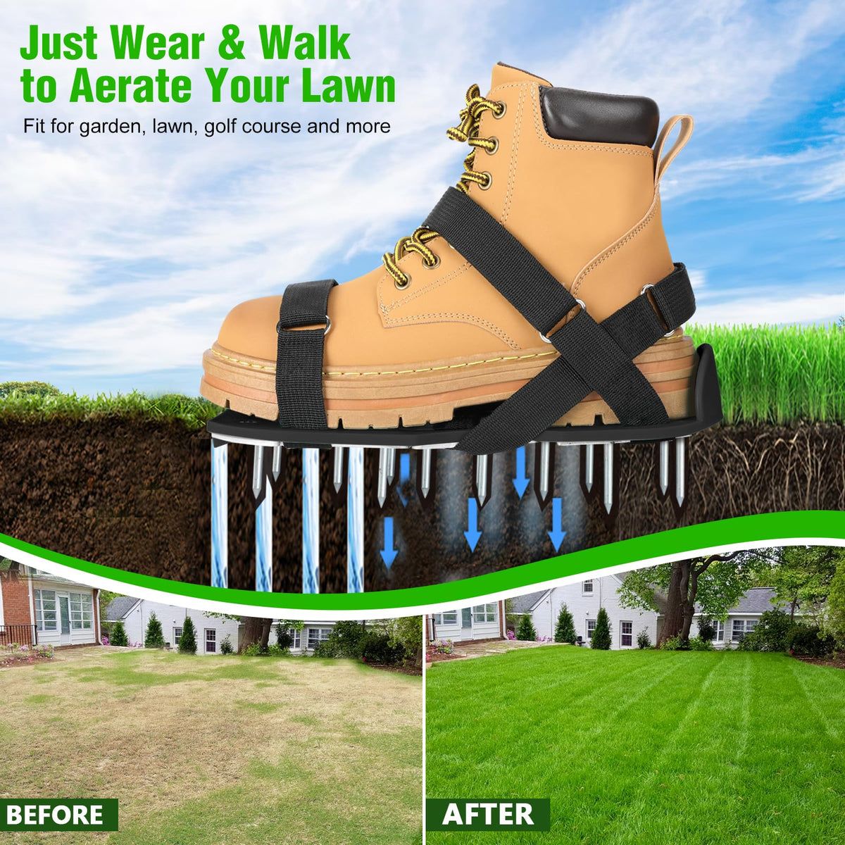 DenForste ready-to-wear aerator shoes shown on a garden path.