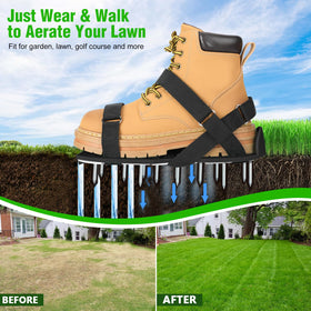 DenForste ready-to-wear aerator shoes shown on a garden path.