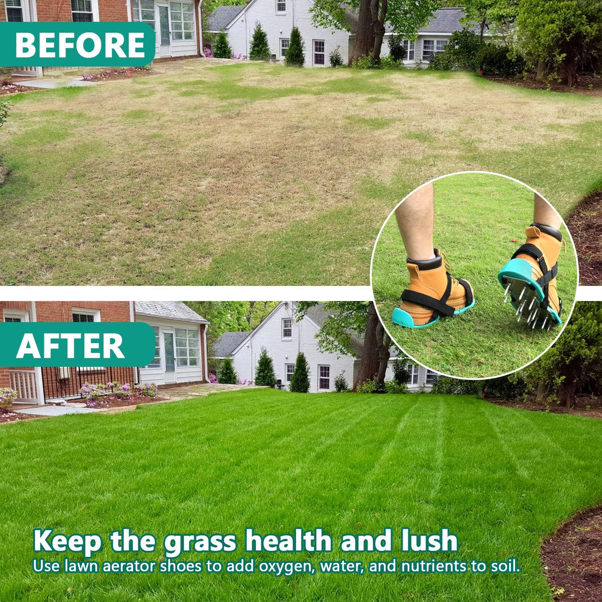 DenForste user walking in garden while wearing aerator shoes