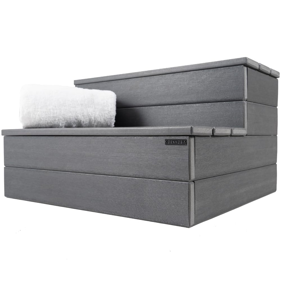 DENKOE hot tub steps with wood-look finish for durable outdoor use