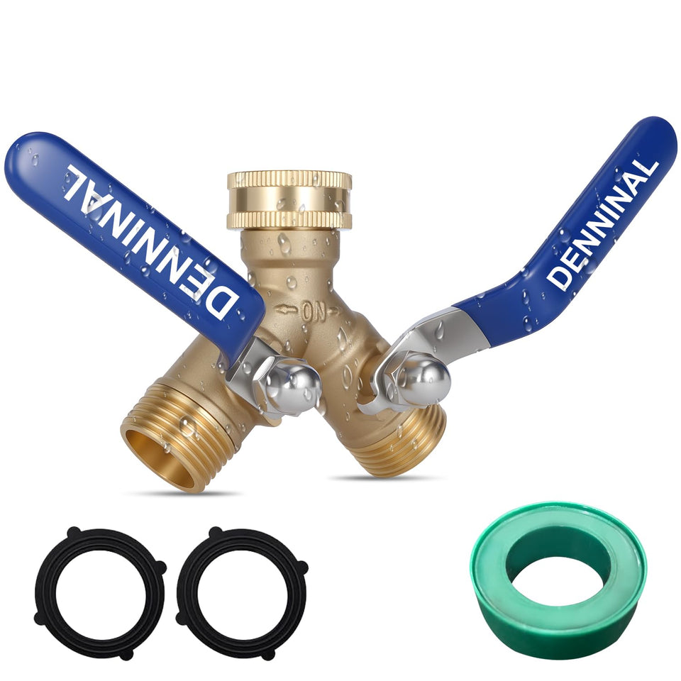 Denninal brass garden hose splitter 2-way for simultaneous watering and sprinkling.