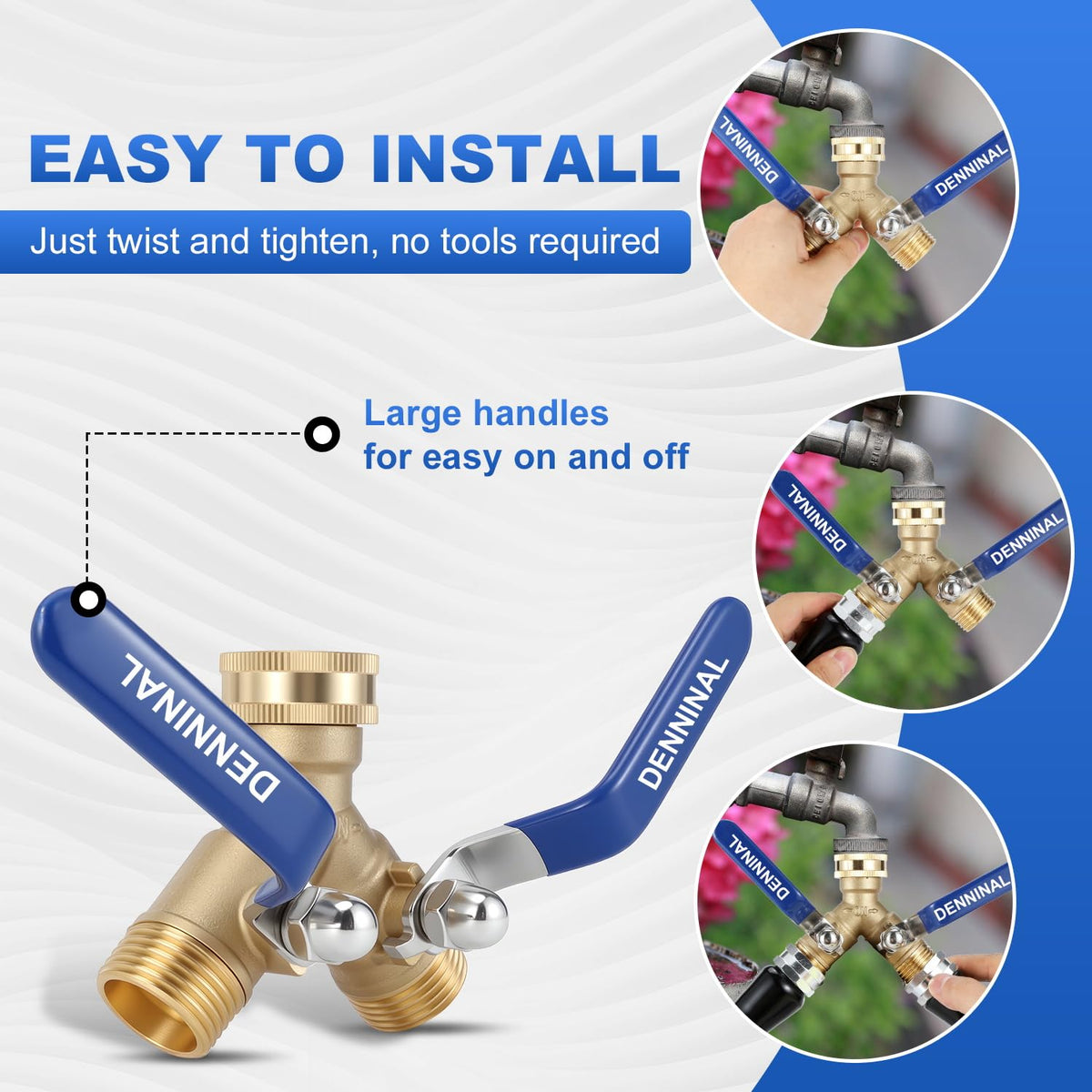 Denninal brass splitter 304 stainless long handle enables easy one-finger control.