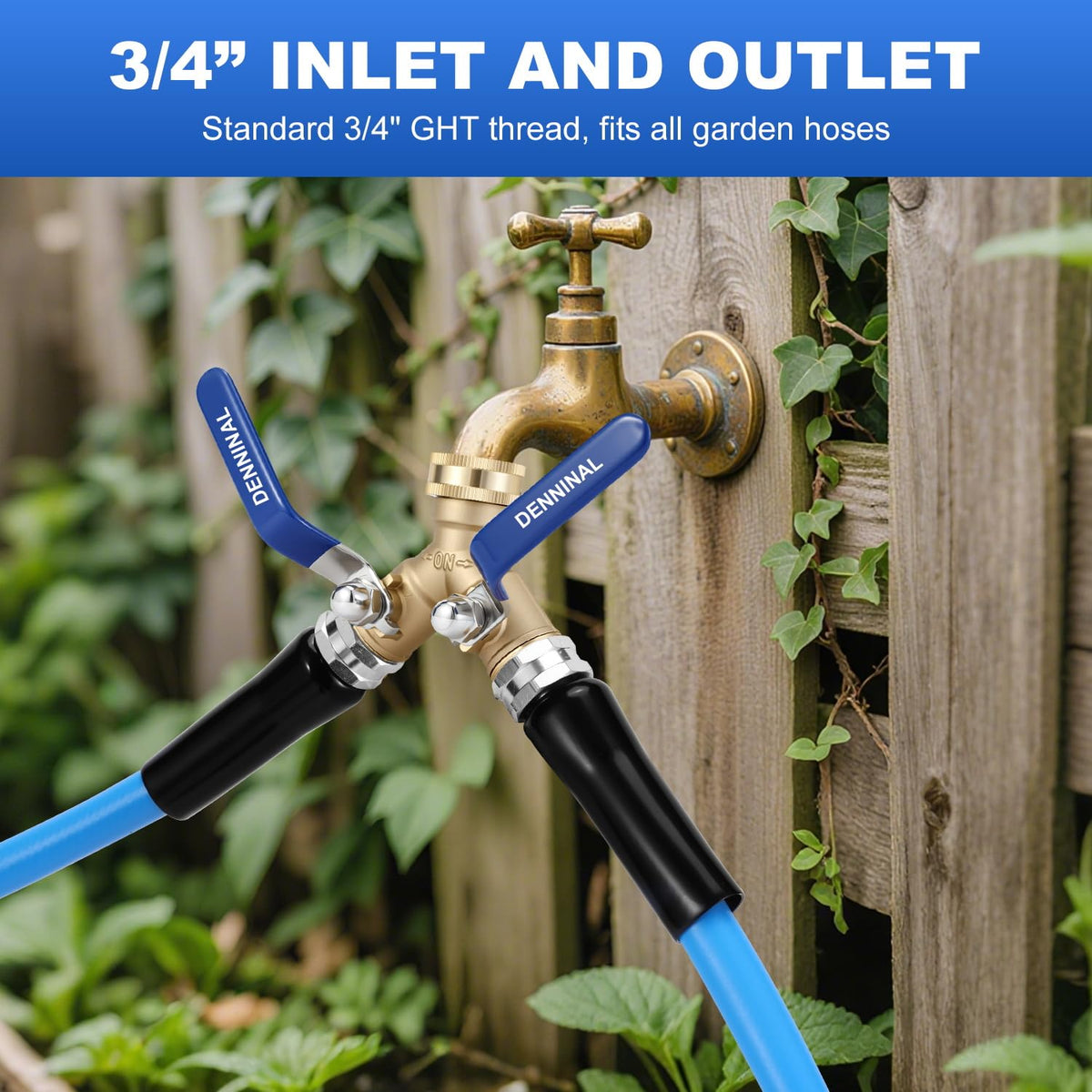Denninal 3/4 inch GHT thread fits standard spigots for quick setup.