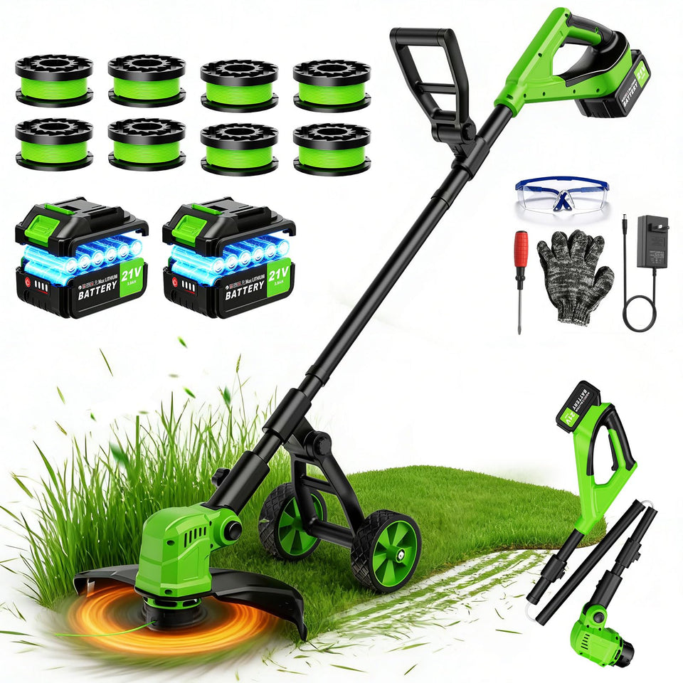 Denqir 14-inch cordless trimmer with integrated wheel for smooth edging
