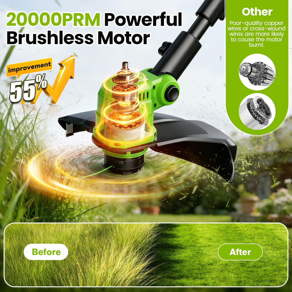 Eight replacement spools ensure continuous mowing without frequent stops