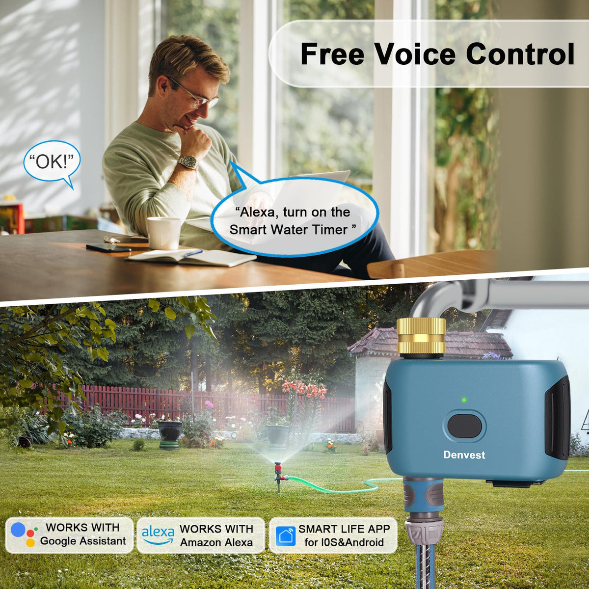 Denvest app control screen for watering plans and history.