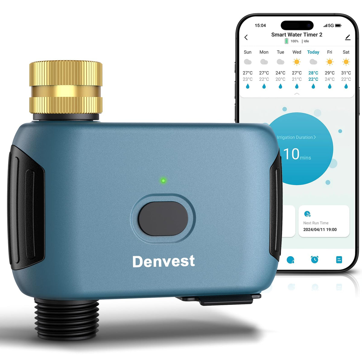 Denvest WiFi timer with brass inlet — durable outdoor close-up.