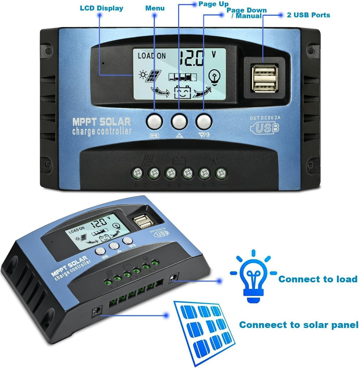 Depvko 100A MPPT controller with dual USB ports for device charging.